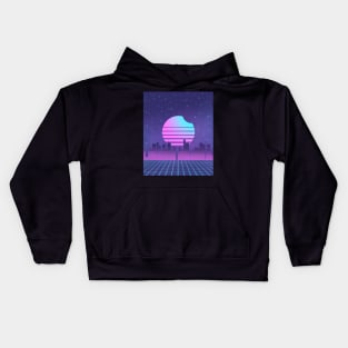 Synthwave Sunset Eclipse Vaporwave City with Galaxy and Neon Grid Kids Hoodie